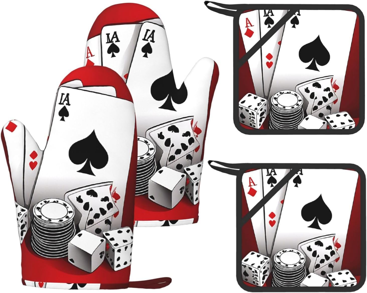 Poker Tournament Oven Mitts and Pot Holders Set of 4 Heat Resistant Kitchen Gloves with Silicone Palm Hot Pads for Baking Cooking Grilling BBQ