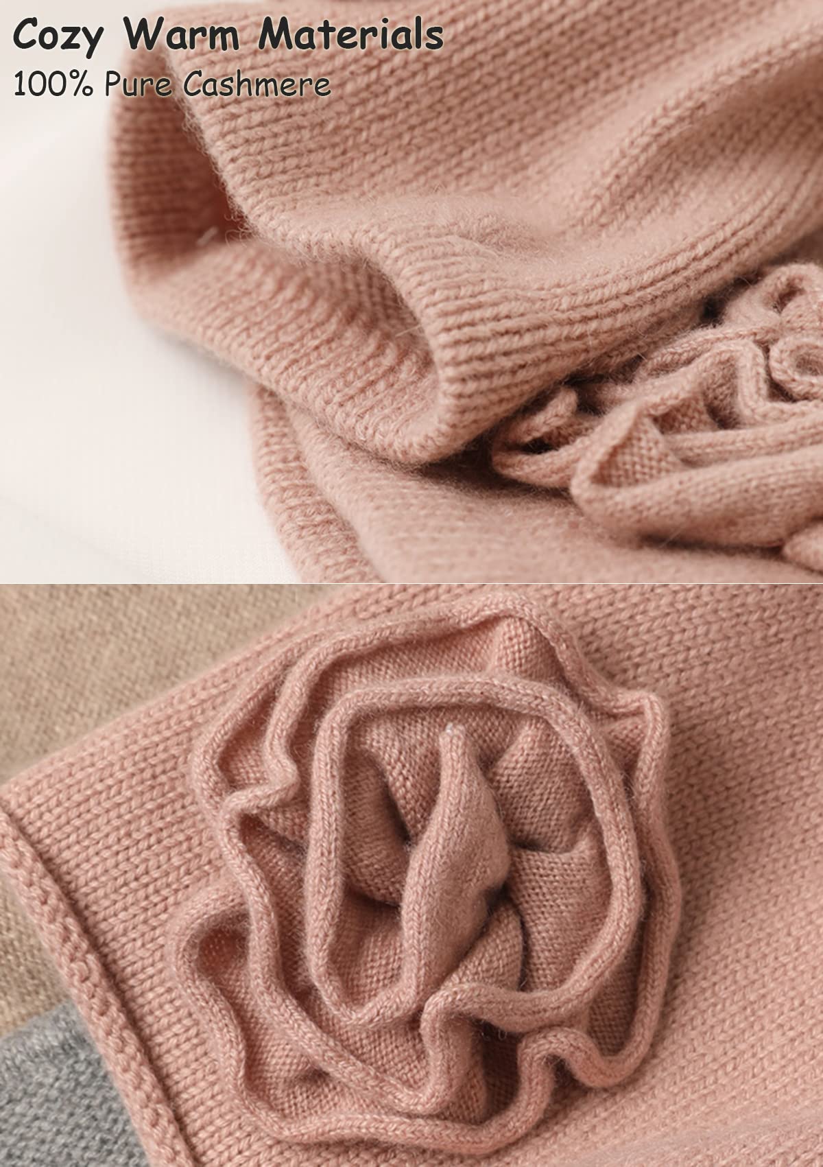 YUONNY Damen Gestrickte Beanie Mütze und Handschuhe Set, 100% Kaschmir Weich Warme Strickmütze & Fäustling Vollfinger mit Handgefertigter Handhaken Blume, Frauen Herbst Winter Mode 2-in-1 Geschenkset