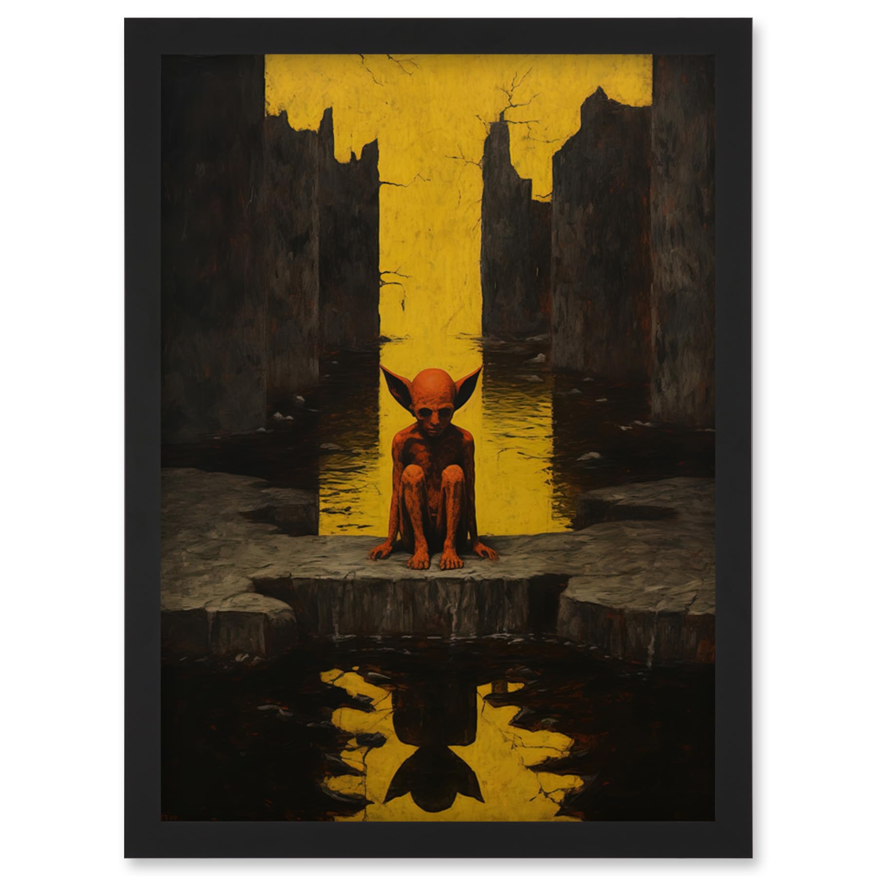 B&Q -  Nosferatu Lair Conceptual Art Oil Painting Yellow Sky Castle Ruins Red Imp Water Reflection Wall Art PrintA4 Size