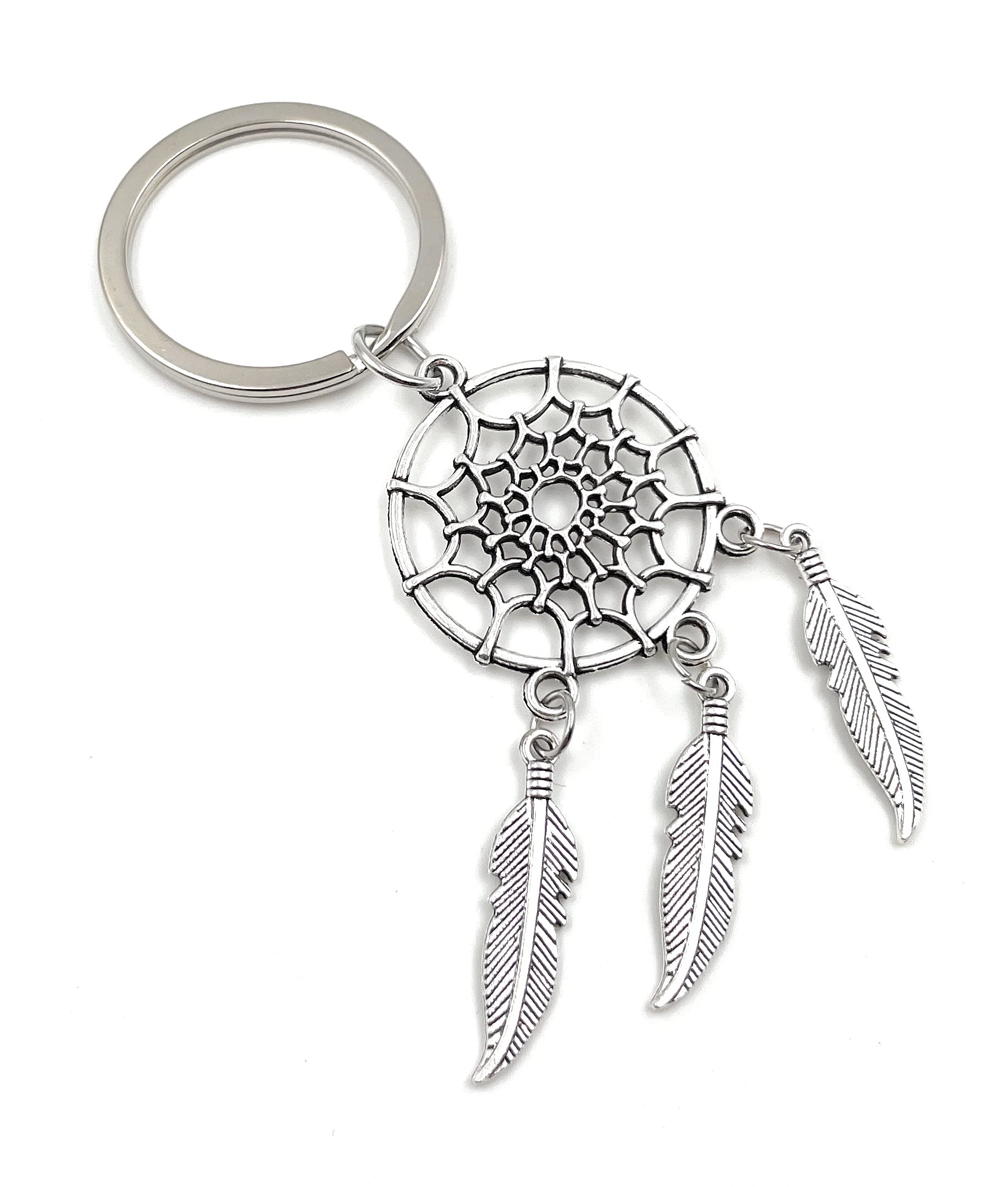 Onwomania Dream Catcher with 3 Feathers Keyring Metal Lucky Charm in Aluminium Gift Box, Ideal as a Gift, silver, One Size