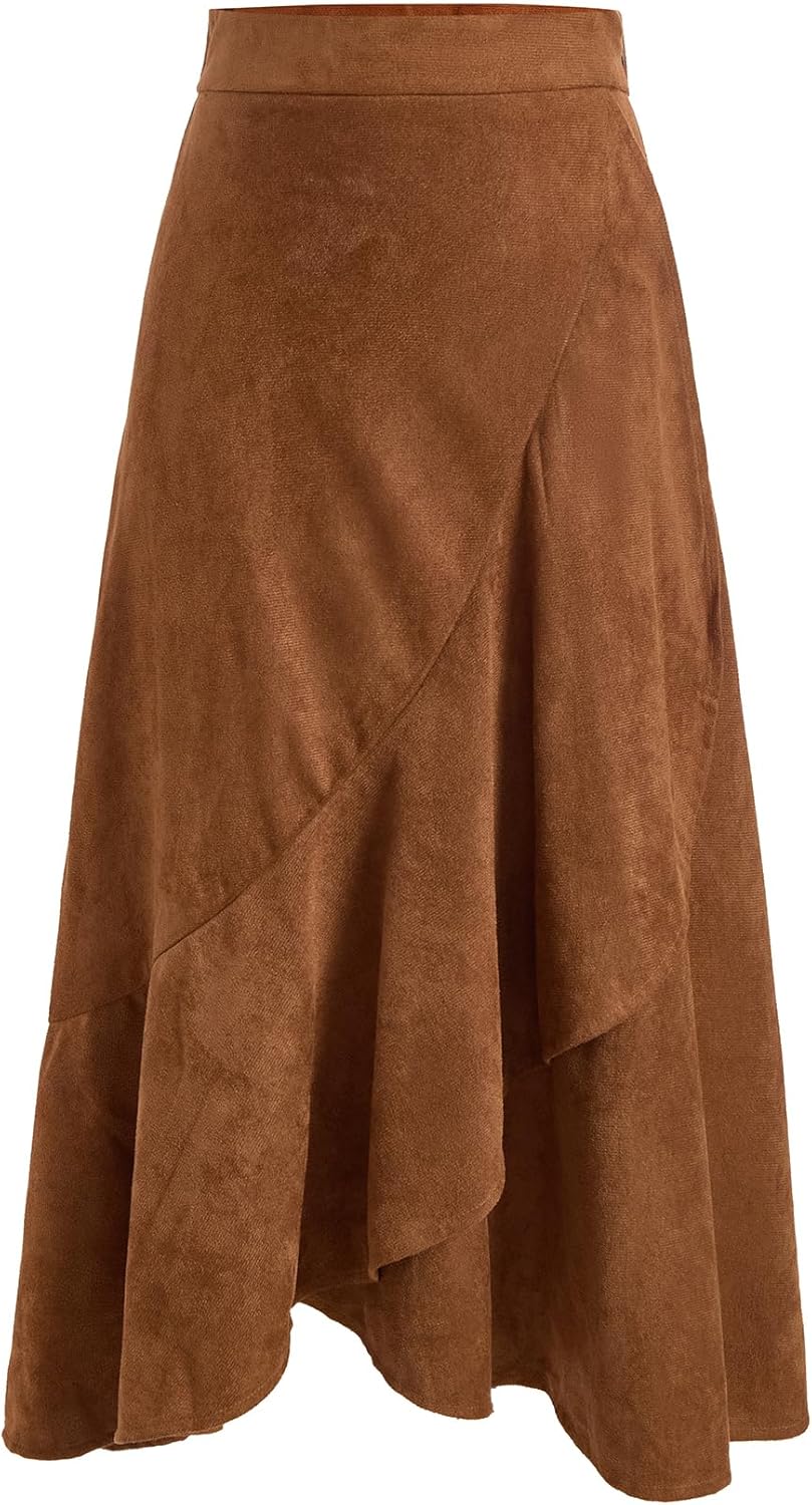 Women's Vintage Faux Suede Wrap Skirt Fall Ruffle High Waisted Asymmetrical Midi Work Office Skirts
