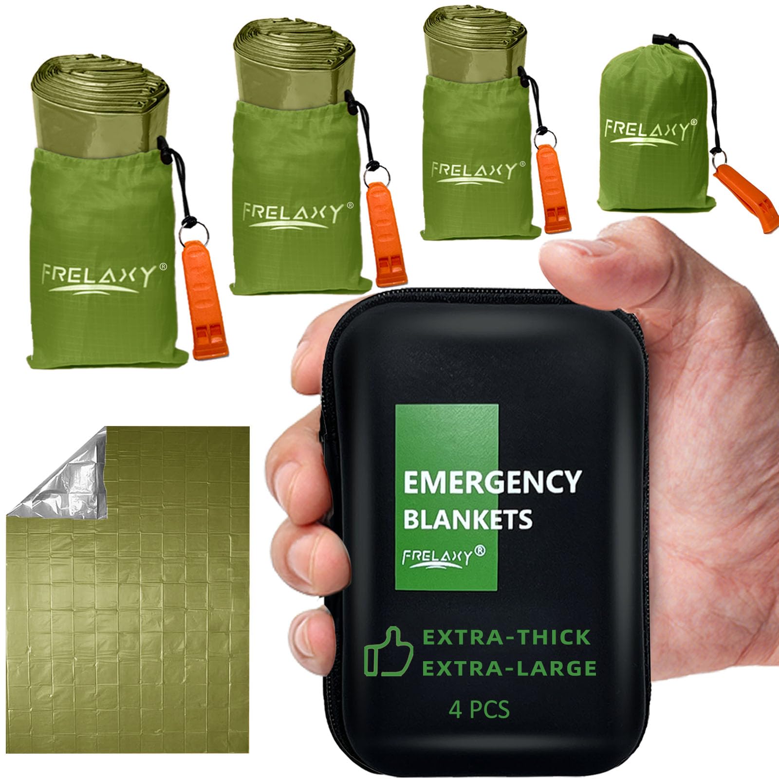 Frelaxy Manta de emergencia, paquete de 2/4, mantas espaciales extra gruesas con silbatos, bolsas de almacenamiento y funda de EVA, 83 x 60 pulgadas
