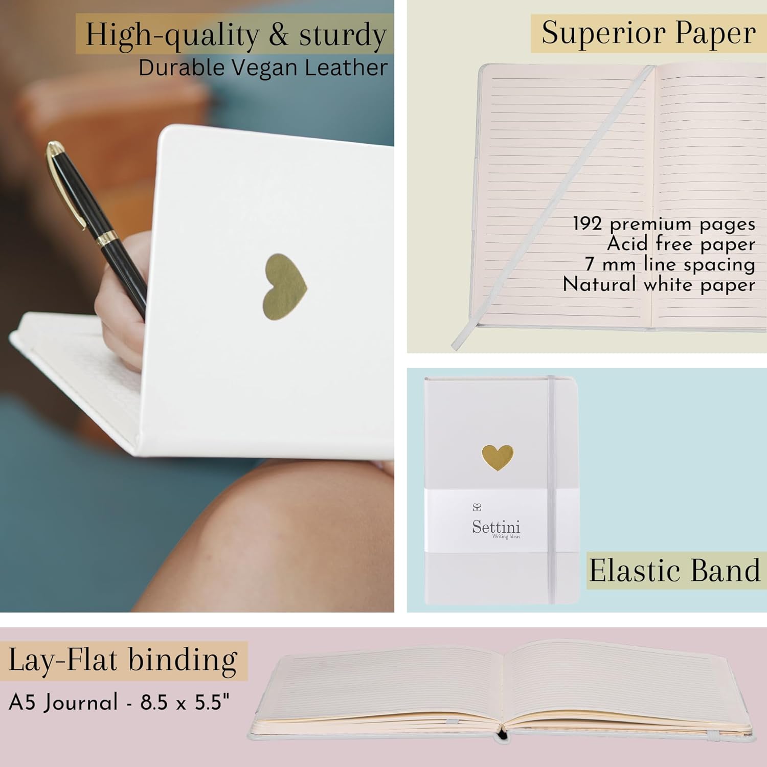 SETTINI® Black Bee & White Heart Lined Journal Bundle - A5 Notebooks, 192 Pages Each, Hardcover, Lay Flat Design - Perfect for Journaling & Writing