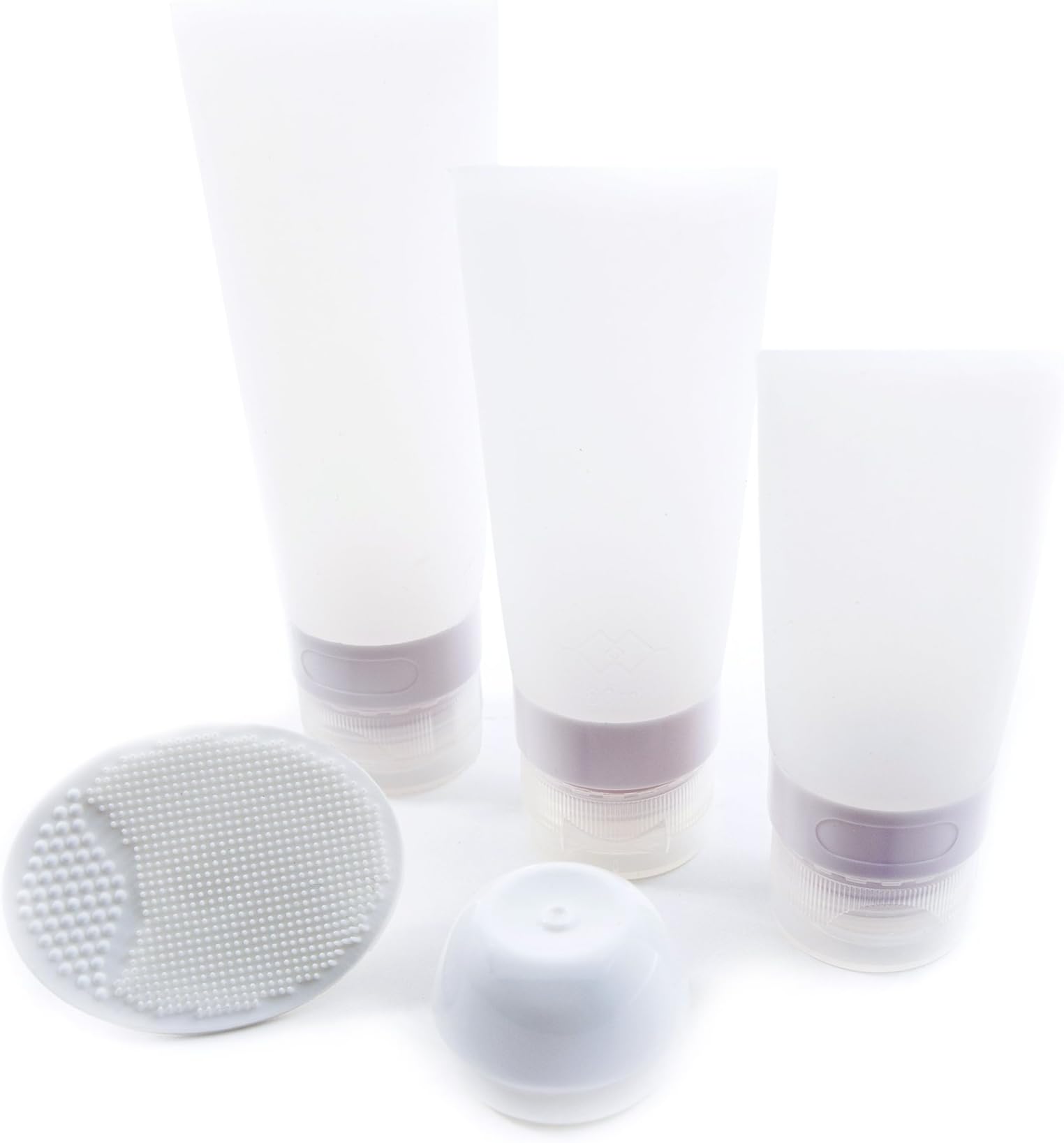 TSA Airline Carry-on Approved Soft Silicone Travel Bottles Tubes for Shampoo, Lotion, Cosmetics Set with Cream Jar and Facial Cleaning Brush - Toiletry EVA Bag AZ (White)