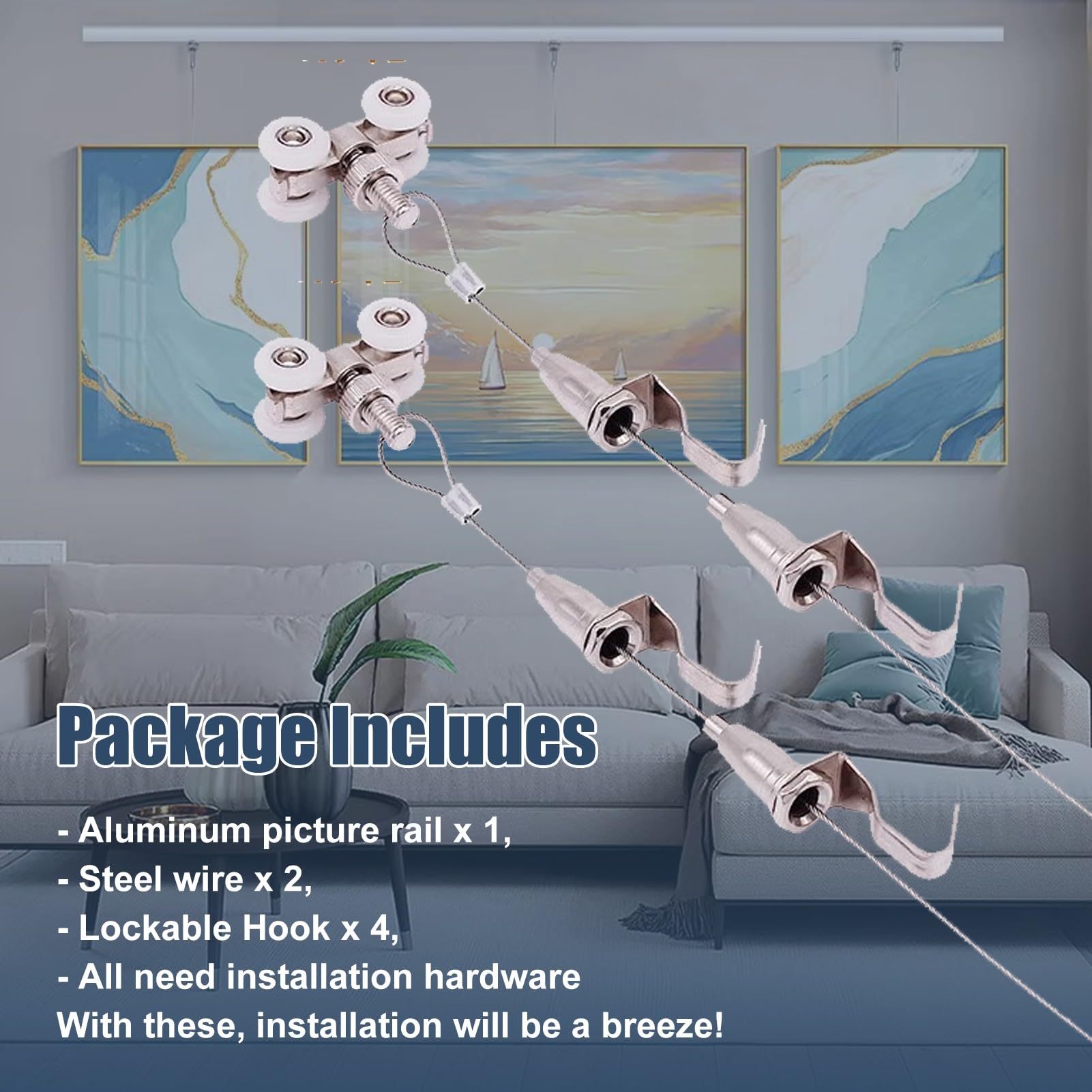 Cimaise pour Tableau Système de Suspension Murale pour Tableaux, Cintres Coulissants pour et , Rail pour Affiches avec Câbles(1.5m/4.9' Cable,120cm/47.2" Track)