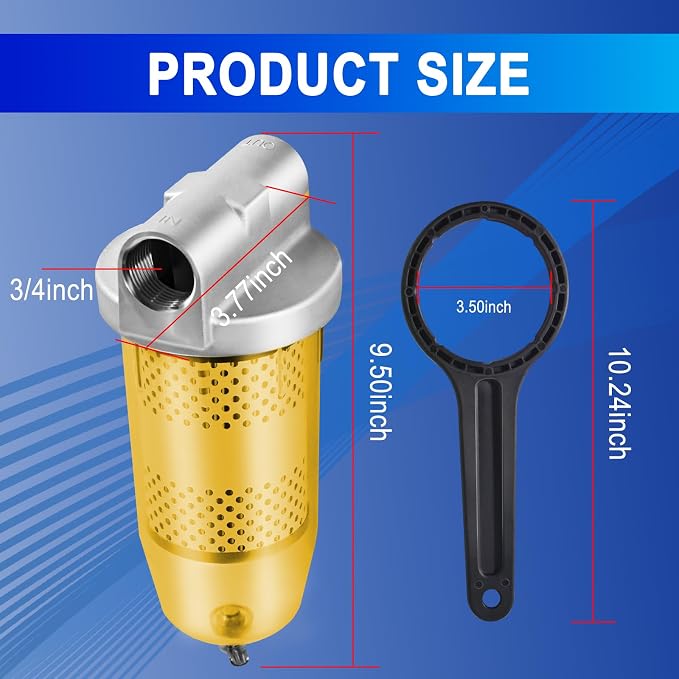 Filtro de tanque para combustible 3/4" NPT con tapa superior compatible con gasolina y diésel, reemplazo modelo 496, flujo máximo 25 GPM, presión máxima 150 PSI con llave incluida miniatura 4