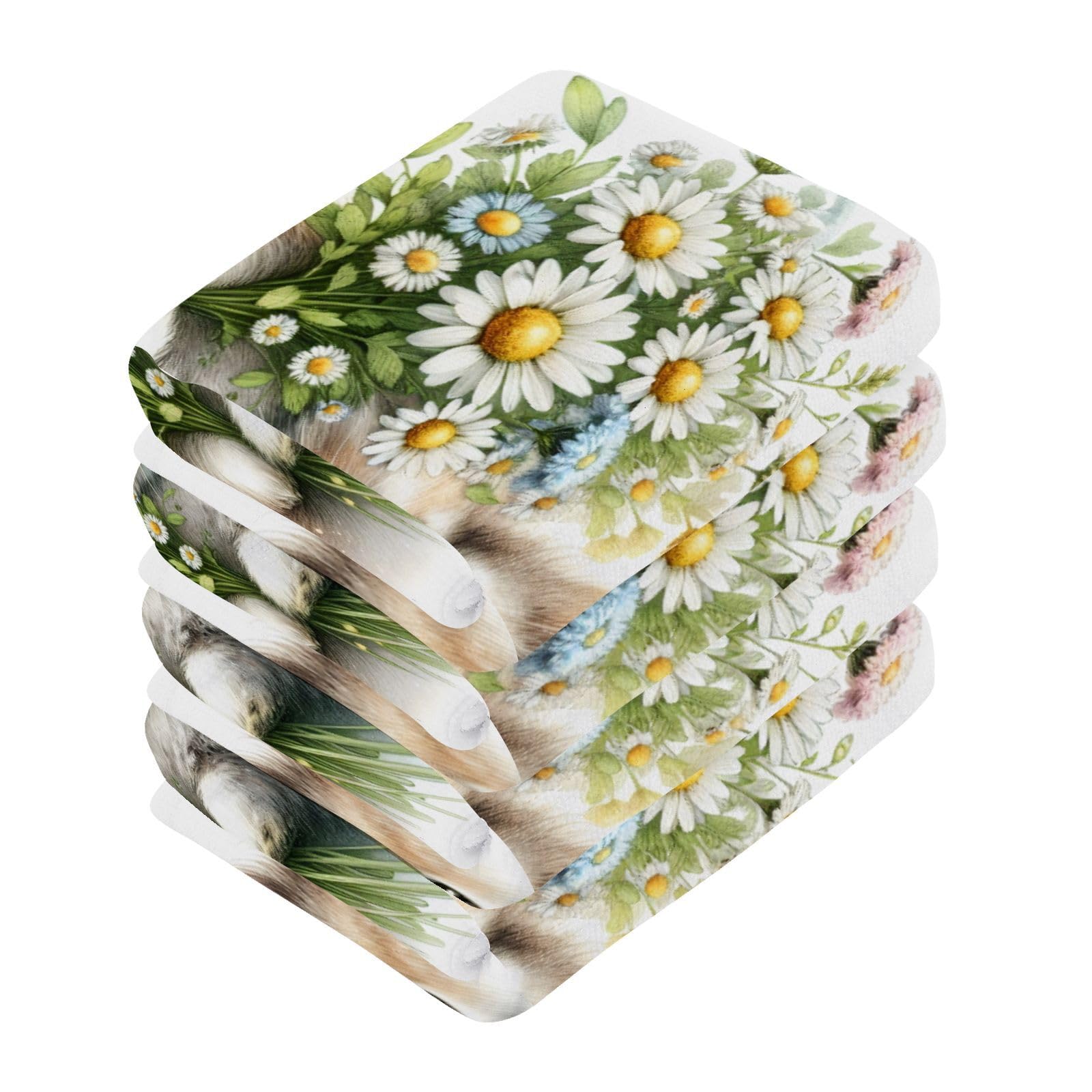 Msyxl 2-Pack Cute Rabbit with Daisies Washcloths for Bathroom, 12x12in Cotton Wash Cloths Soft Absorbent Face Cloths Towel for Your Face Body