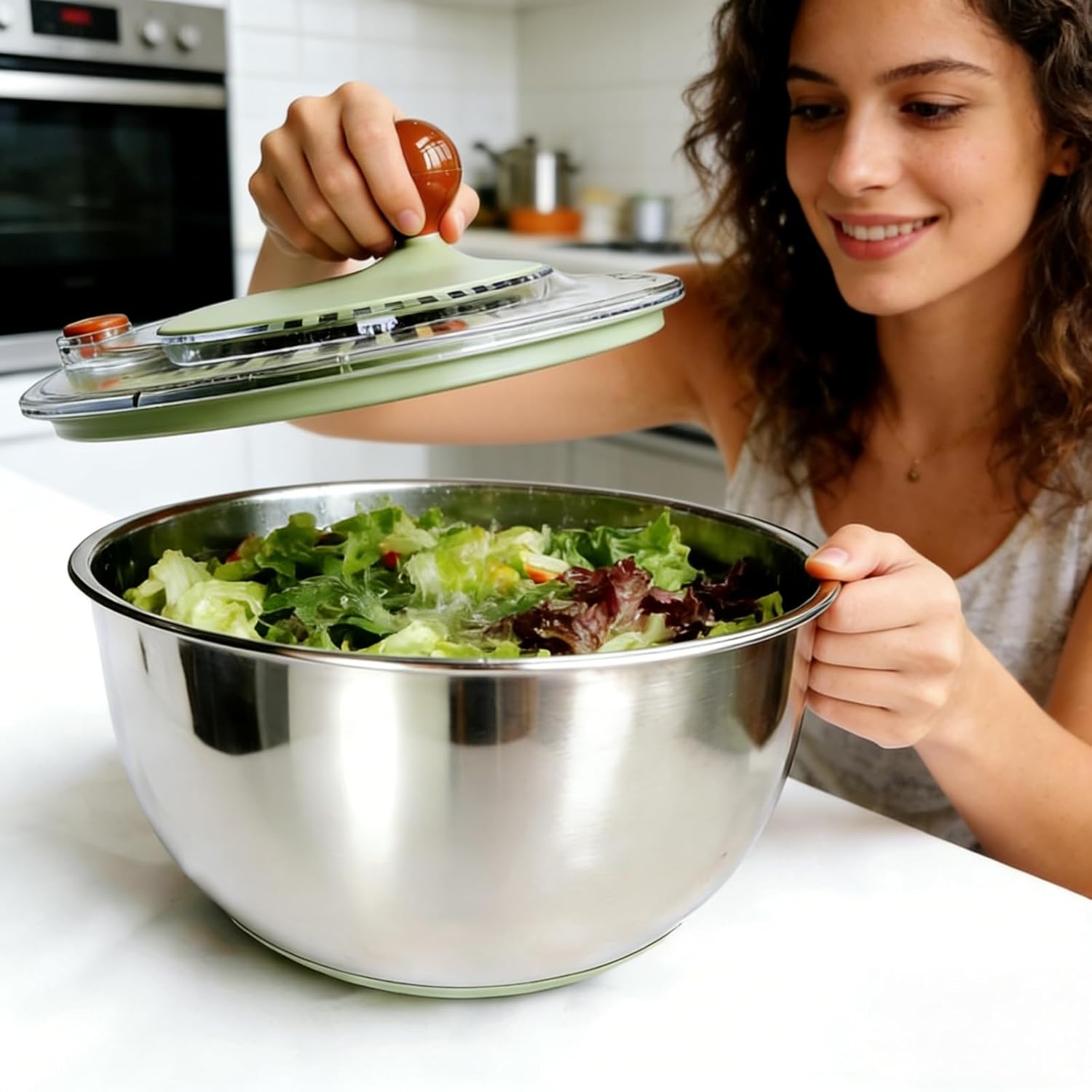 5.3Qt Stainless Steel Salad Spinner with Stop Button, Lid & Non-Slip Base, Salad Spinner Stainless Steel no Plastic, Dishwasher Safe, Vegetable Spinner Dryer with Drain Hole (GREEN)