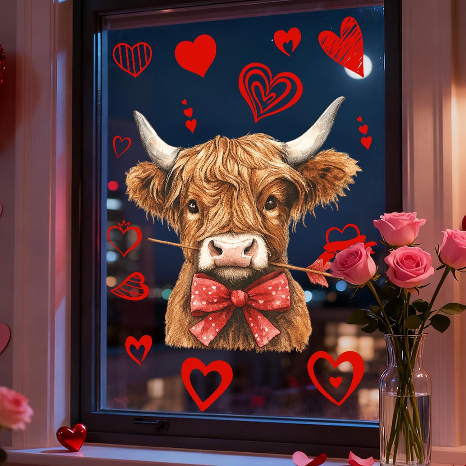 valentine's day window clings cute highland cattle window stickers with line heart design reusable static window cling for wedding anniversary party glass door display decorations 1 pcs styl 12