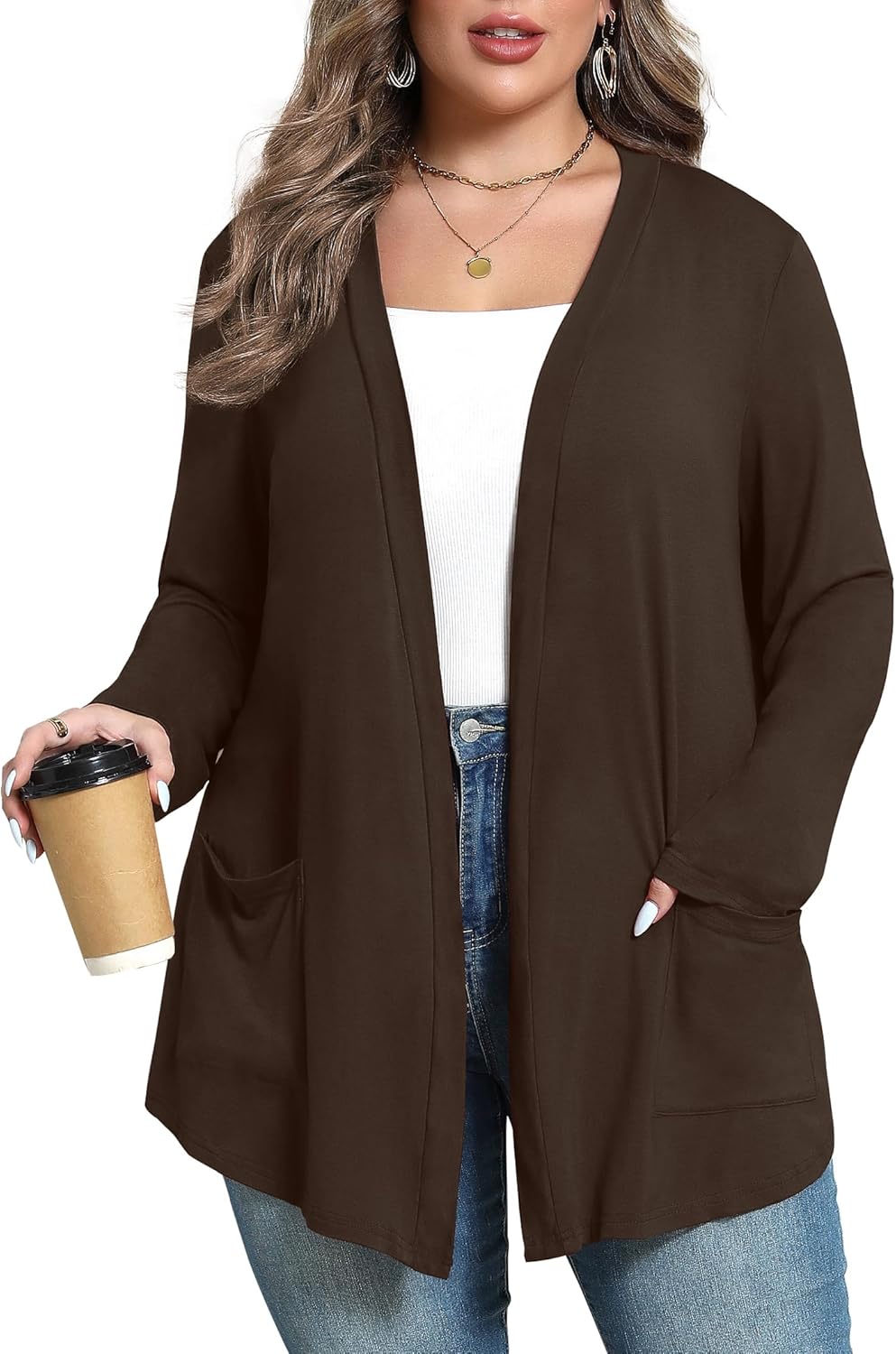Women's Oversize Cardigans Lightweight Fall Long Sleeve Plus Size Flowy Open Front Shrugs with Pockets