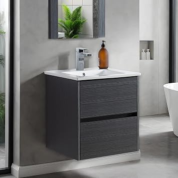 Blossom 20 Inch Floating Vanity - Modern Wall Mounted Bathroom Vanity with Integrated Ceramic Sink - Pre-Assembled Small Space Bathroom Cabinet with Soft Close Doors - Silver Grey Finish