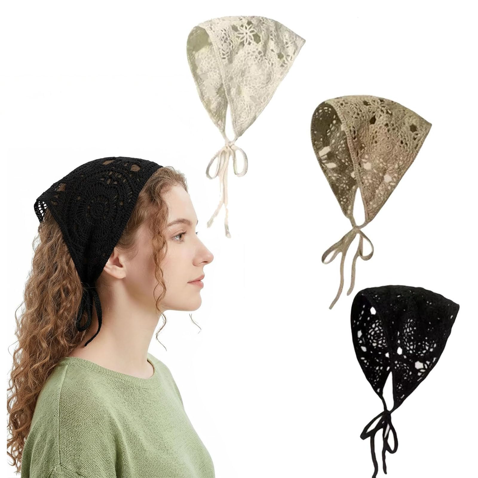 3Pcs Crochet Bandana Head Scarf for Women, Bohemian Triangle Hair Scarves with Black White Brown Colors, Lightweight Summer Beach Accessories for Outdoor Activities and Daily Wear-image-9