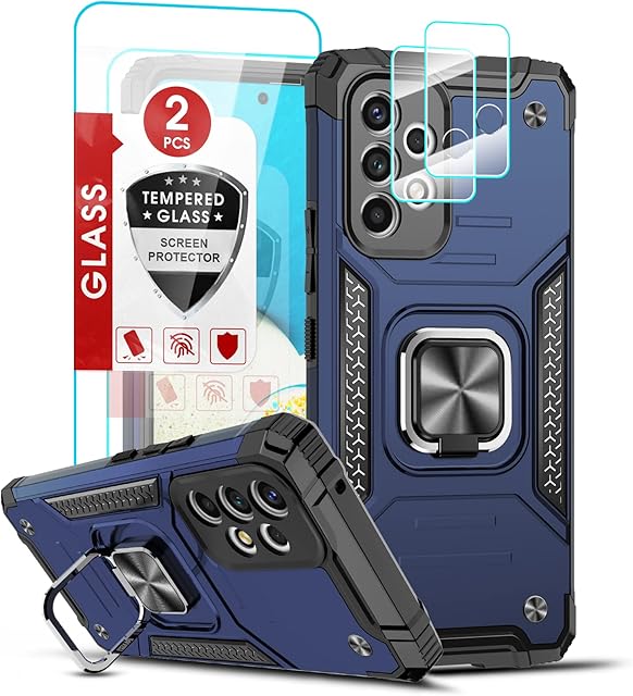 LeYi 1+2+2 Pack Case Compatible for Samsung Galaxy A53 5G, 2 Tempered Glass Screen Protector + 2 Camera Lens Protector, [Military-Grade Shockproof] Bumper Samsung A53 Phone Case with Ring Holder Blue