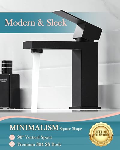 Miniatura 2 de Grifo de baño negro mate de un solo agujero, acero inoxidable 304 con una manija para fregadero de baño con drenaje desplegable de metal, para