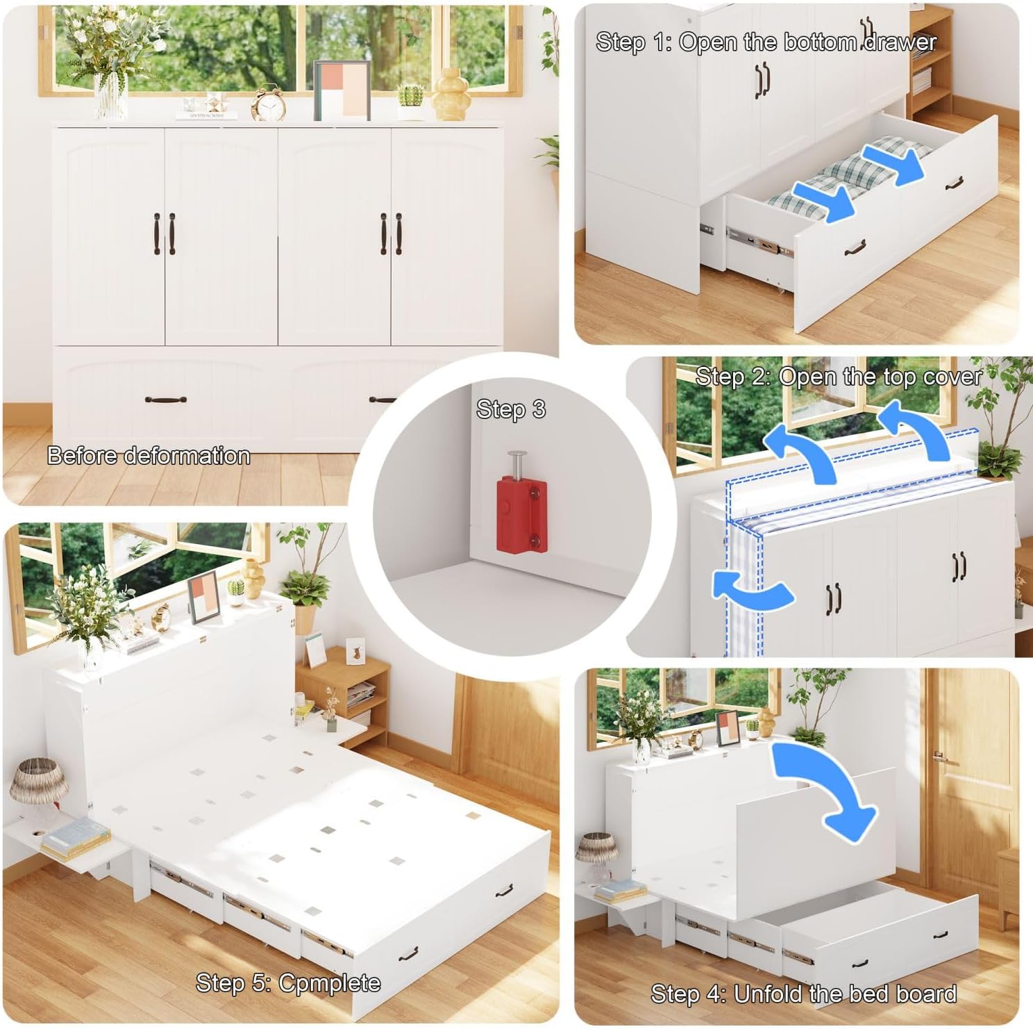 Step-by-step transformation of FAMAPY Murphy Bed from cabinet to bed