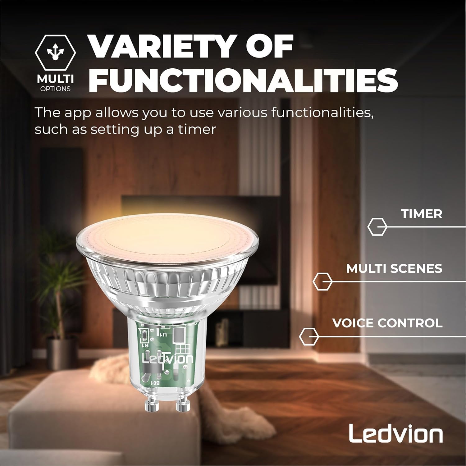 Ledvion Smart GU10 with timer, multi-scenes, and voice control functionalities