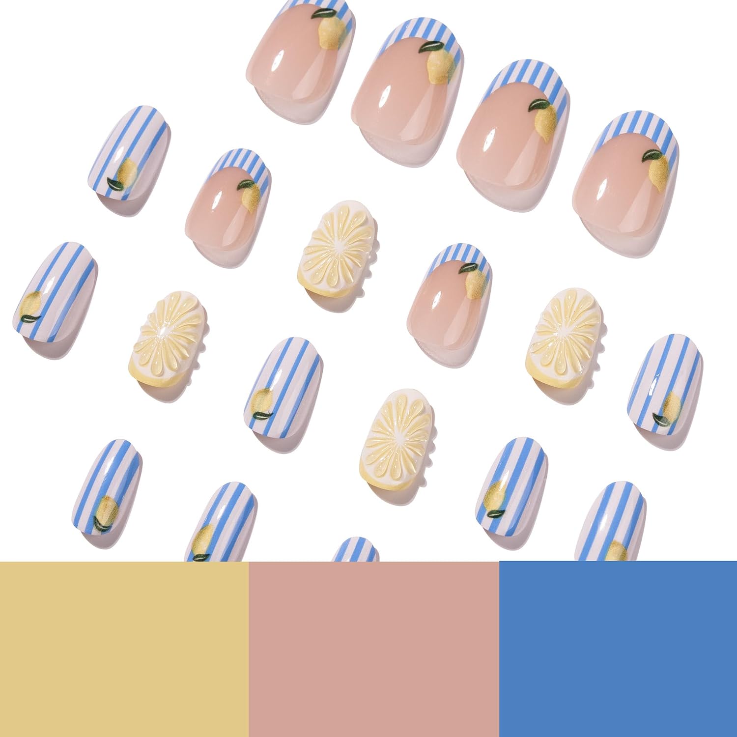 Summer Press on Nails Short Almond 3D Lemon Fake Nails with Designs Cute Fruit False Fingernails French Tip Nails Press Ons Acrylic Artificial Reusable Stick on Nail for Women DIY Nail Decorations