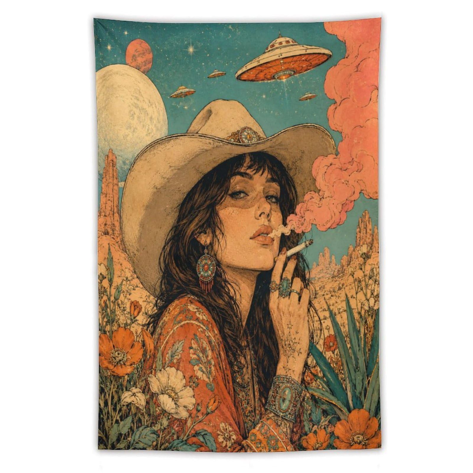 W7C8U2X3 Cowgirl with UFOs Wall Tapestry, Vintage Poster, Vintage Sci Fi