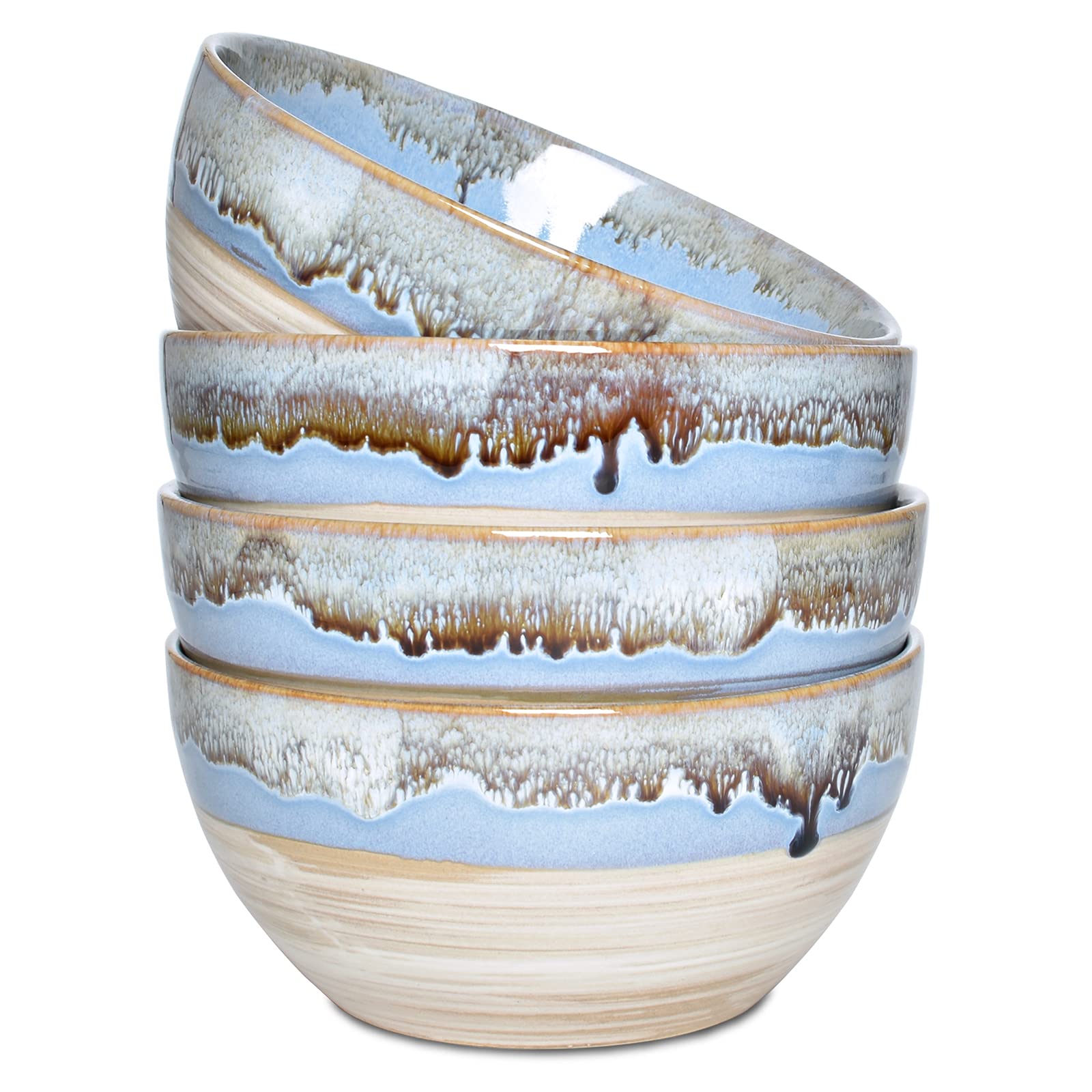 Bosmarlin Stoneware Soup Bowl Set of 4, 26 Oz, Cereal Bowl for Oatmeal, Dishwasher and Microwave Safe, Reactive Glaze (Blue, 6 in)