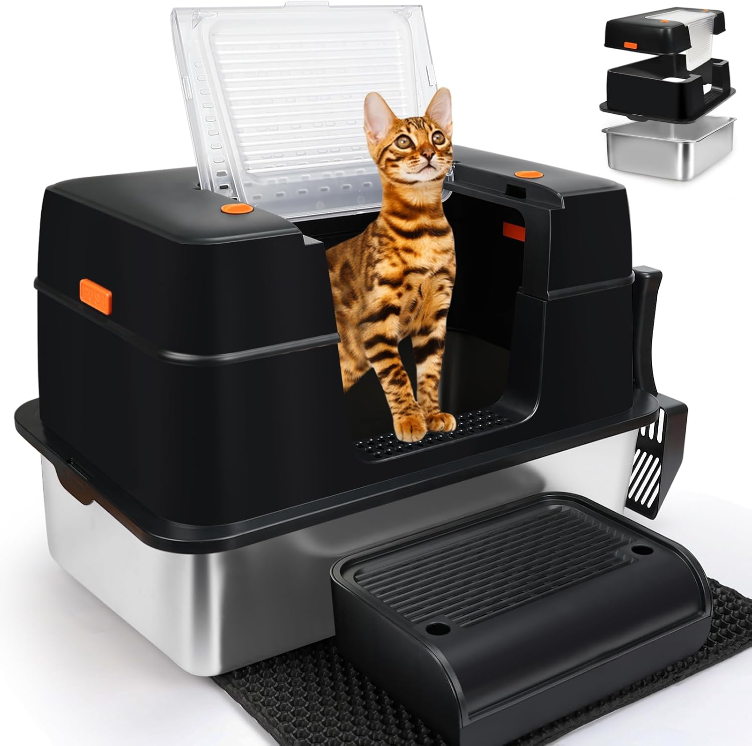 SZEE Stainless Steel Litter Box with Lid, Easy to Clean and NO Absorb Odor, Extra Large Litter Box with Open/Enclosed Modes, Includes Litter Scoop, Litter Mat & Trapping Box