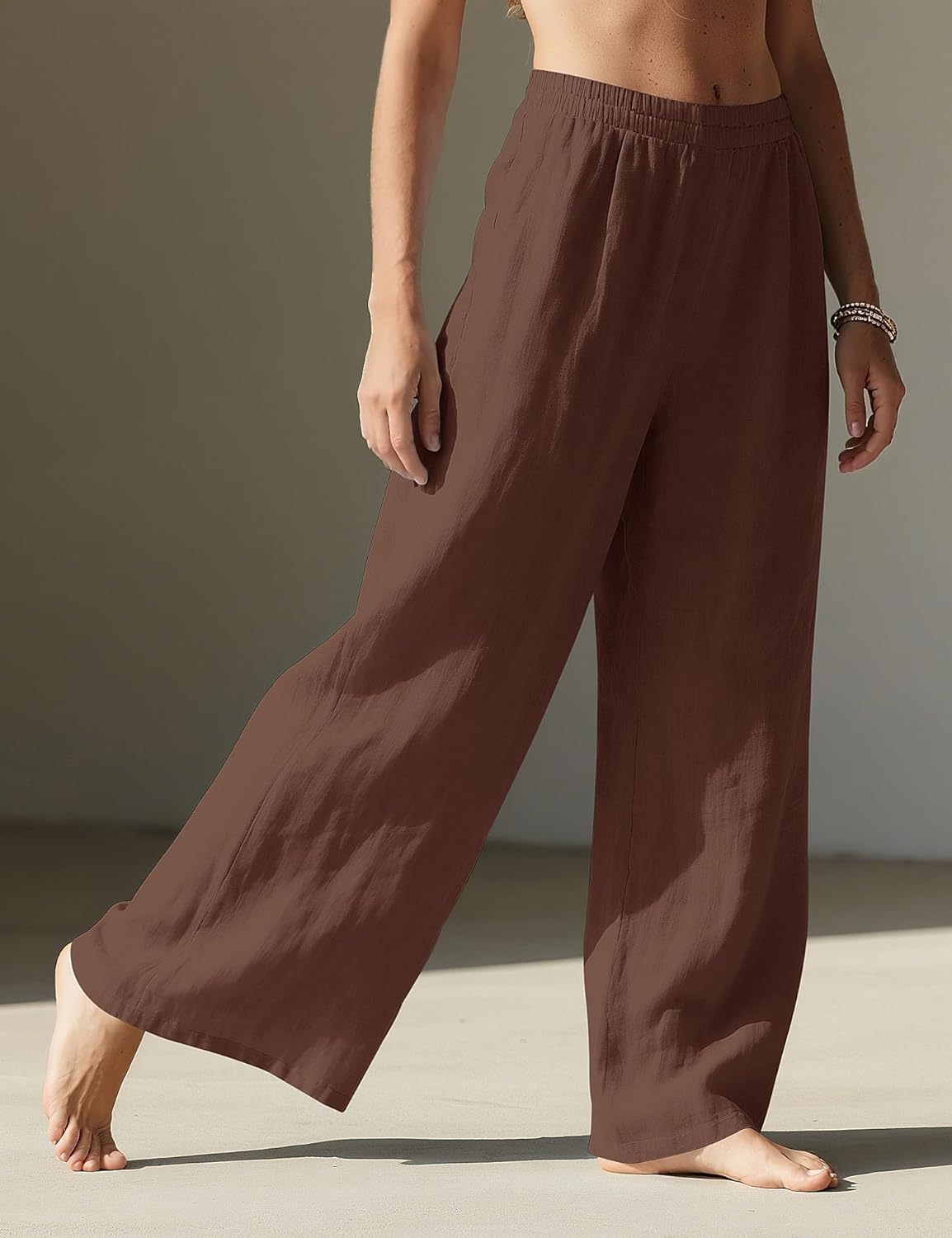 LOMON Linen Pants Women Wide Leg Palazzo Summer Flowy Pants Beach Vacation Clothes Elastic Waist Travel Trousers with Pockets - Image 3