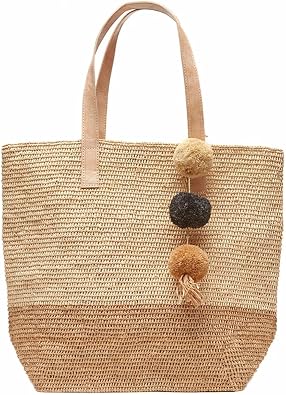 MAR Y SOL Montauk Large Raffia Tote, Crocheted Colorblock Bucket Bag for Women, Sustainable Carryall with Leather Handles