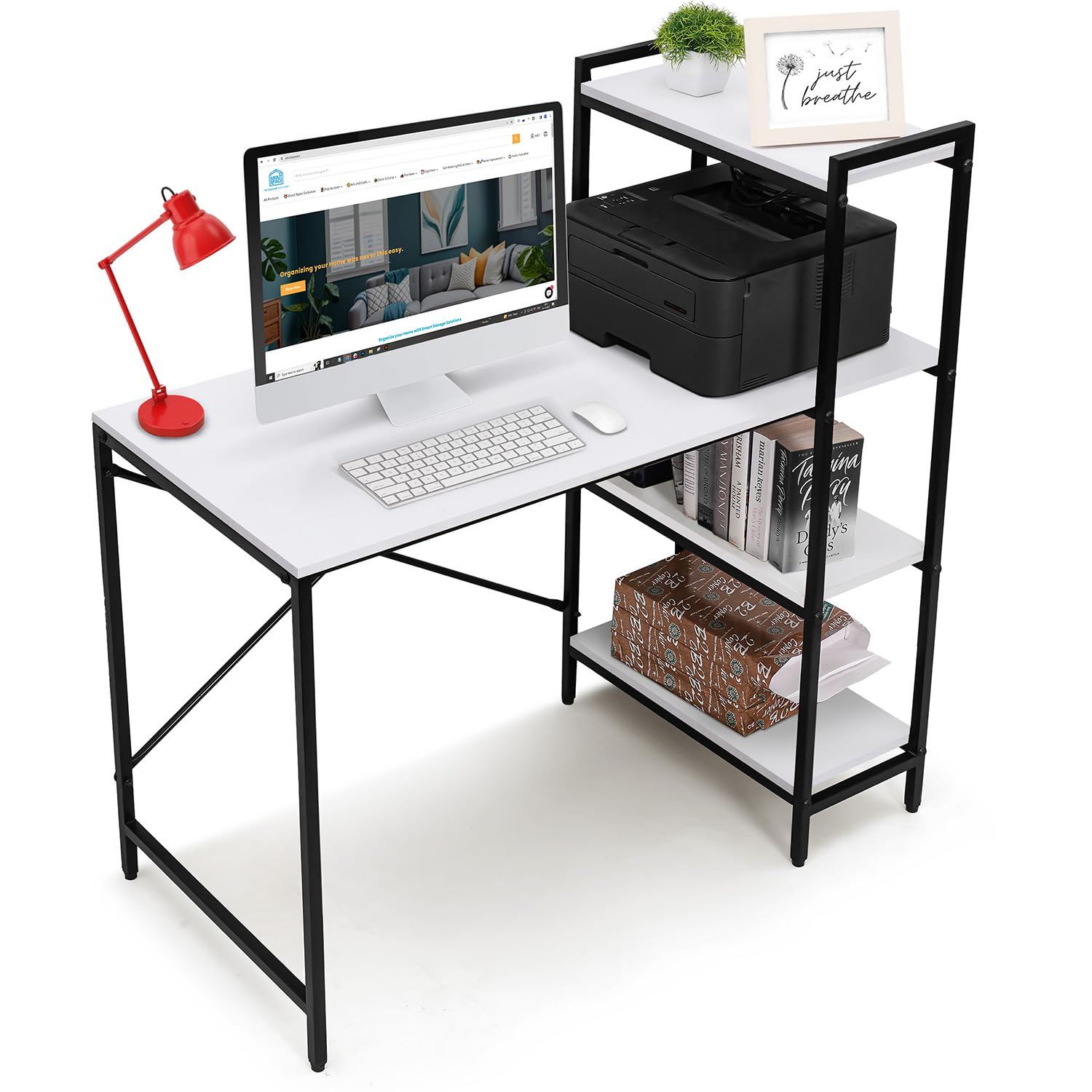 ABOUT SPACE Computer Table for Home-4 Tier Storage Study Table for Students,Adults Work Table for Home Office Laptop,Desktop Table W/Bottom Storage(White-L 110Xb 51Xh 110 Cm)-Engineered Wood,Matte