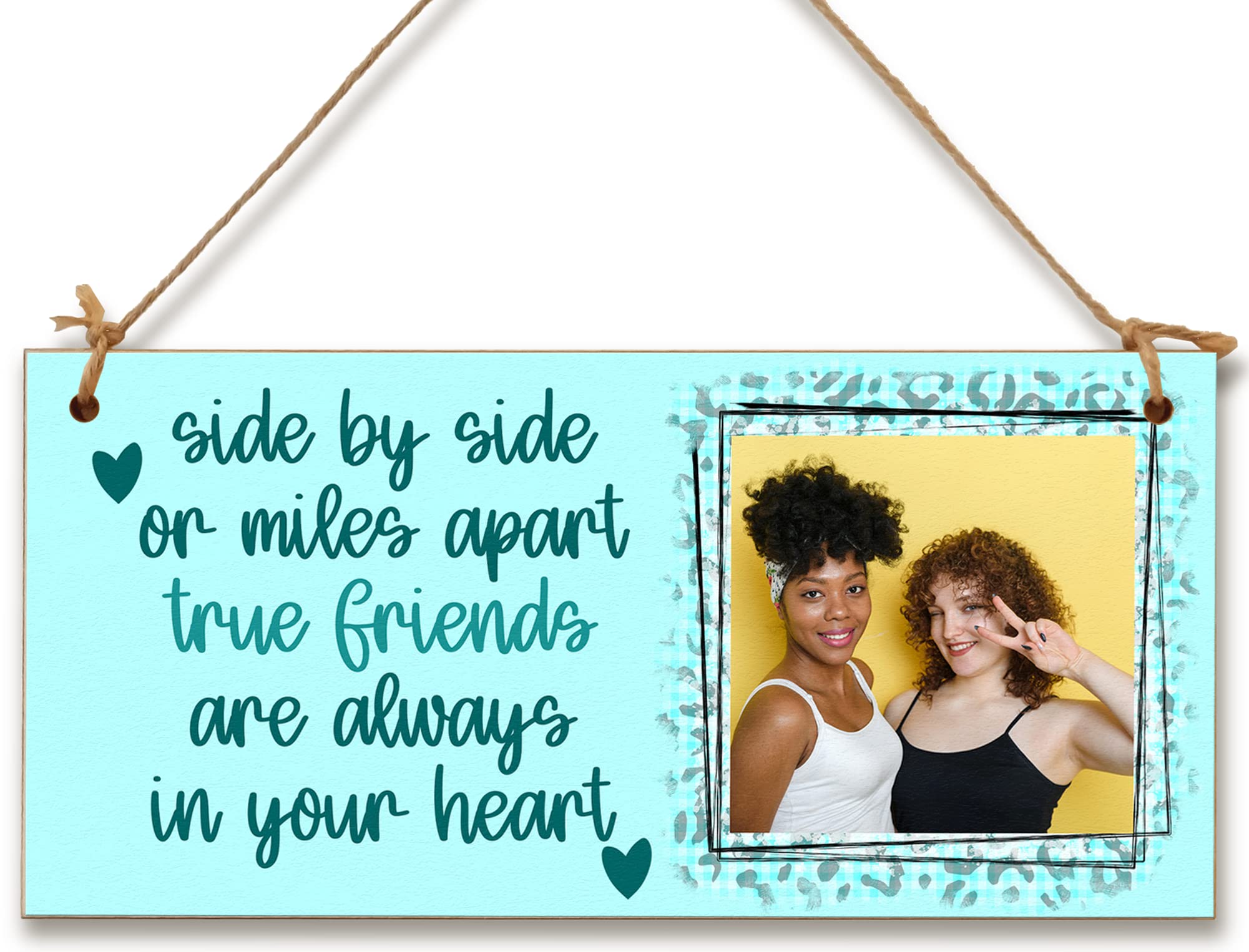 The Plum Penguin Turquoise Personalised Wooden Plaque With Photo Side By Side Miles Apart Heart Friendship Bffs Bestie Gift Door Sign Hanging
