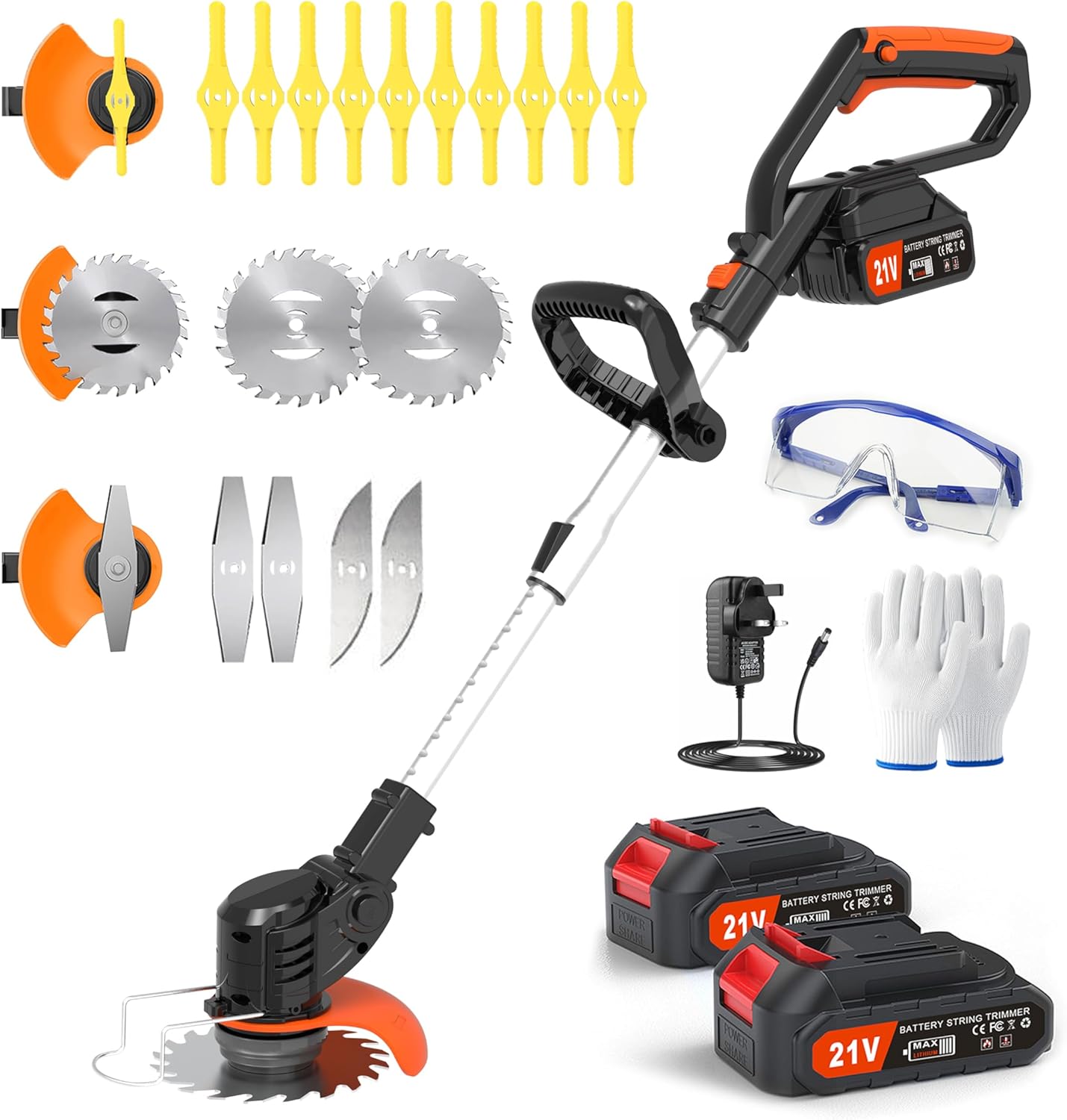 Electric Weed Wacker Cordless 21V Battery Powered String Trimmer with 2 Li-ion Battery 1 Charger and 16 Cutting Blades Weed Wacker for Lawn Yard Garden Bush Trimming & Pruning (Black)