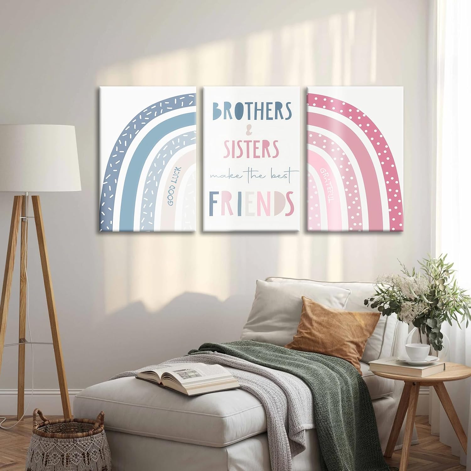3Pcs framed Rainbow Wall Art Poster Prints Personalized Rainbow Theme Room Decor Pictures Boys Girls Bedroom Kids Room Wall Decor Pink and Blue Canvas With wooden frame 12x16