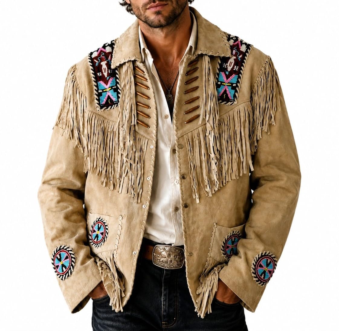Native American Men's Traditional Cowboy Western Leather Jacket Coat with Fringe & Beaded Vintage Fashion Coat