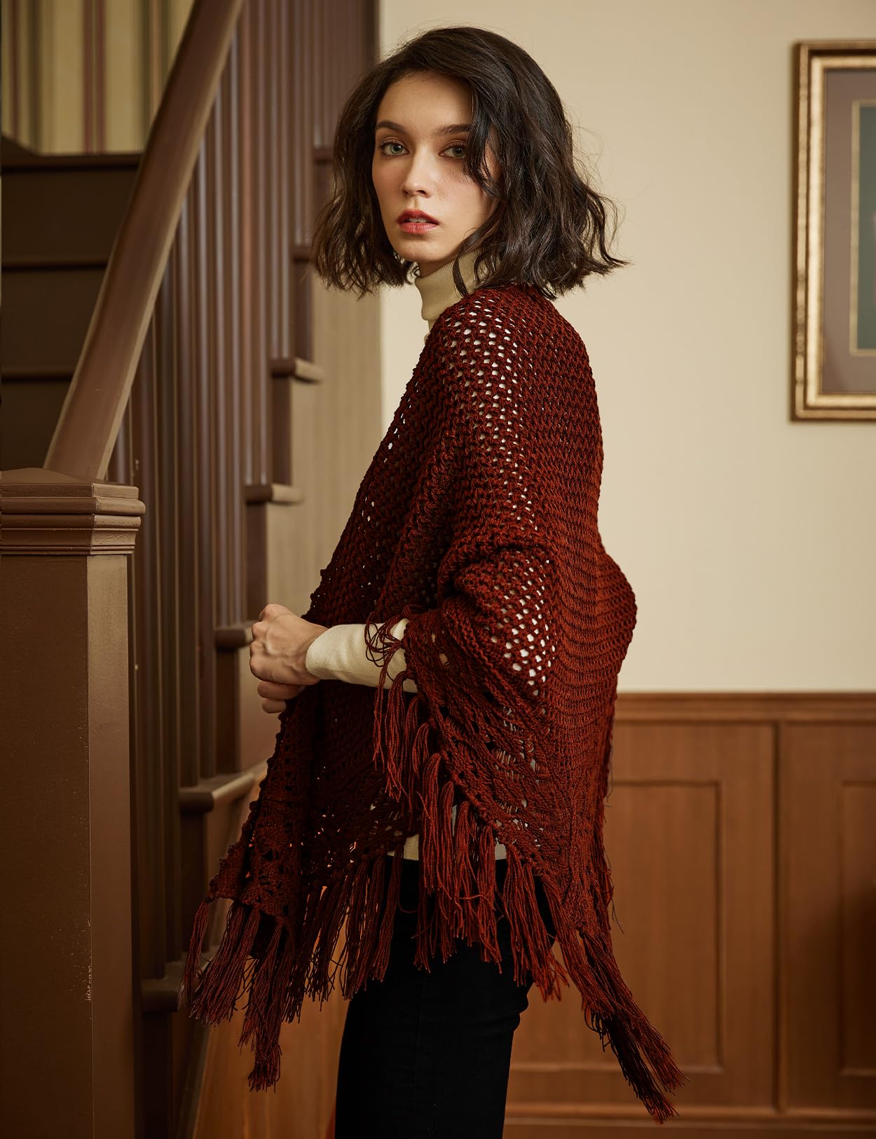BEAUTELICATE Scialle all'uncinetto Donna Caldo Sciarpa Maglia Triangolare Lunga Frange Stole per Autunno Inverno