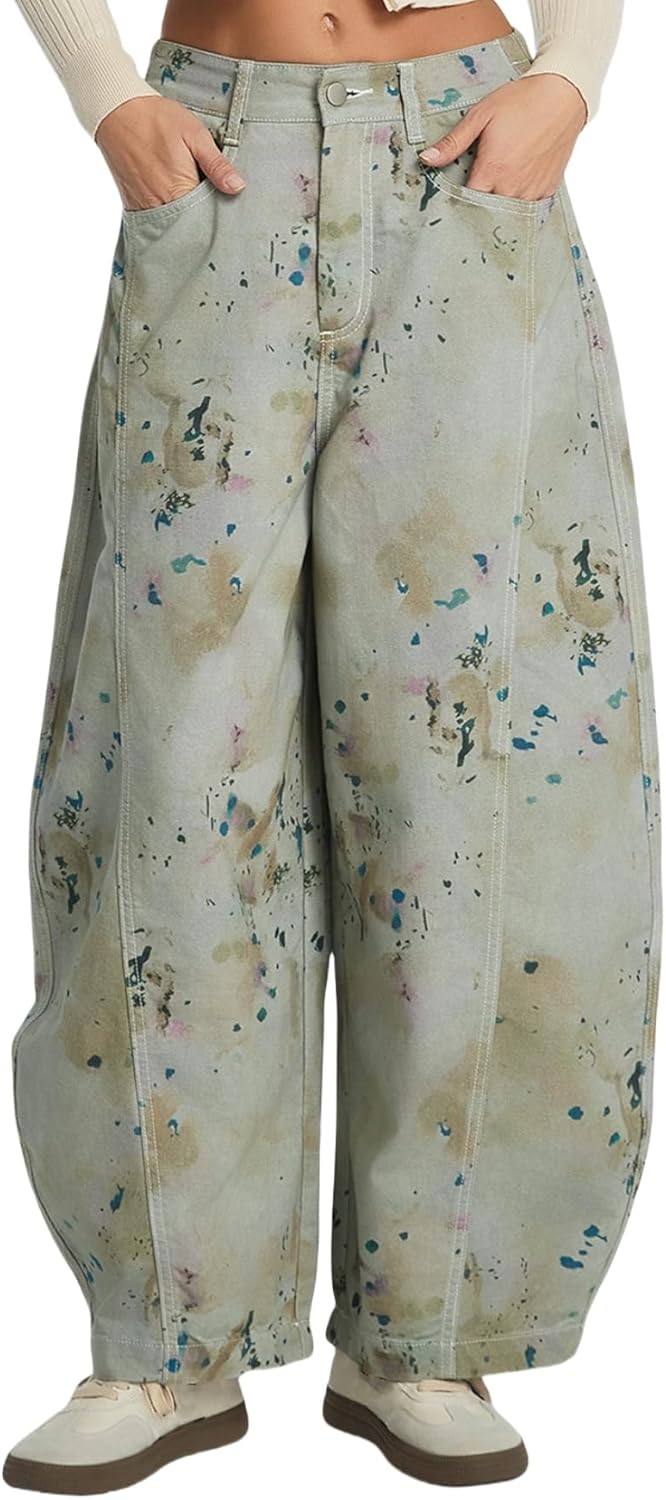Women's Printed Baggy Barrel Jeans High Waisted Wide Leg Denim Pants