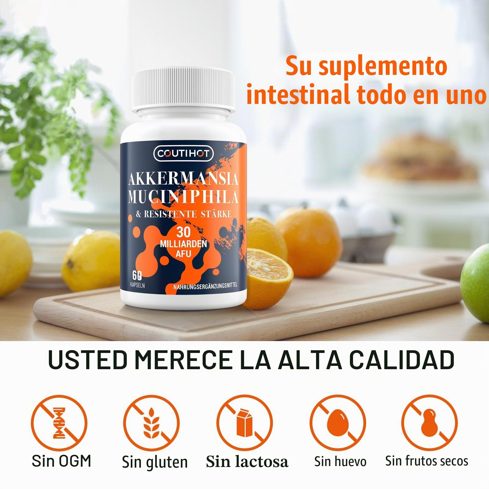 Akkermansia Muciniphila 30 Billones AFU | Con Almidón Resistente | Sin OGM y Sin Gluten para Mujeres y Hombres | 240 Cápsulas
