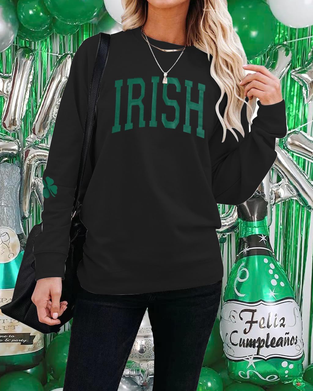 Women St. Patrick's Day Sweatshirts Shamrock Clover Print Shirts Casual Irish Gift Long Sleeve Loose Fit Tops - Image 2
