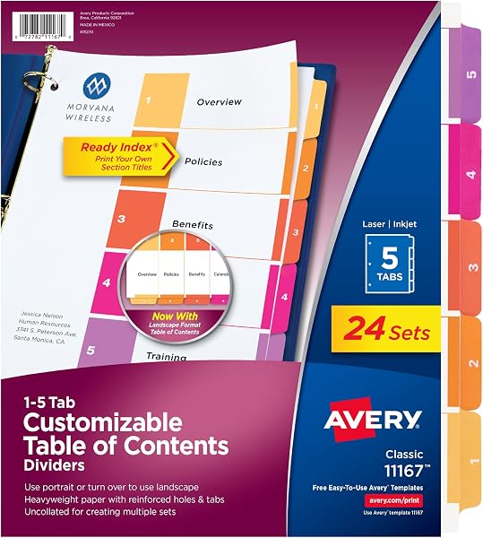 Avery Dividers for 3 Ring Binders, 5 Tabs per Set, Customizable Table of Contents, Multicolor Tabs, Great for Organizing