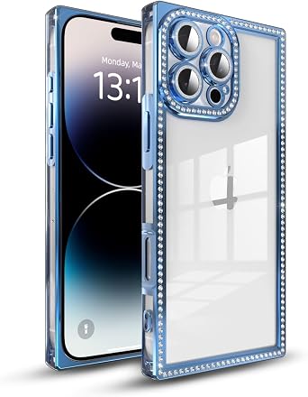 IAIYOXI Rectangle Glitter Bling Diamond Case for iPhone 13,Cute Luxury Sparkly Cover,Full Camera Protection Soft TPU Bumper Shockproof Slim Phone Case for Women GirlsiPhone 13,Blue