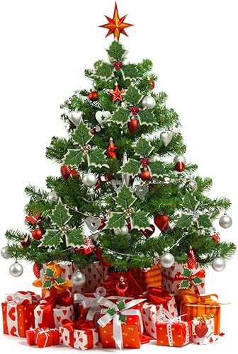 Miniatura 4 de TIHOOD 300 bayas artificiales de acebo con 100 hojas verdes, doradas, plateadas, rojas, bayas de acebo con hojas, hojas de acebo artificiales y