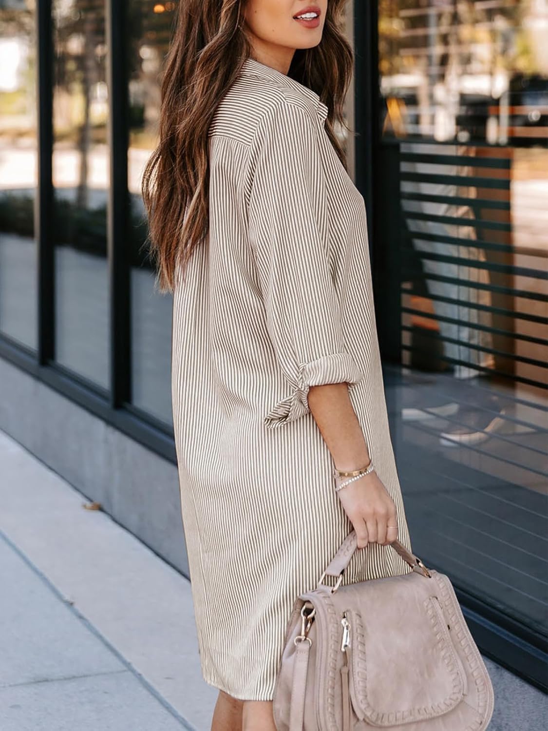 Womens Button Down Shirt Dresses with Pockets Striped Cotton Shirts Collared Long Sleeve High Low Blouse Tops - Image 3