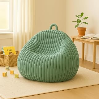 Honeydak Ribbed Rabbit Fur Stuffed Animal Storage Bean Bag Chair Cover (No Filler) Comfy Bean Bag Cover Without Filling or Home Bedroom Decor Organizing Plush Doll Textile Holder(Sage Green,L)