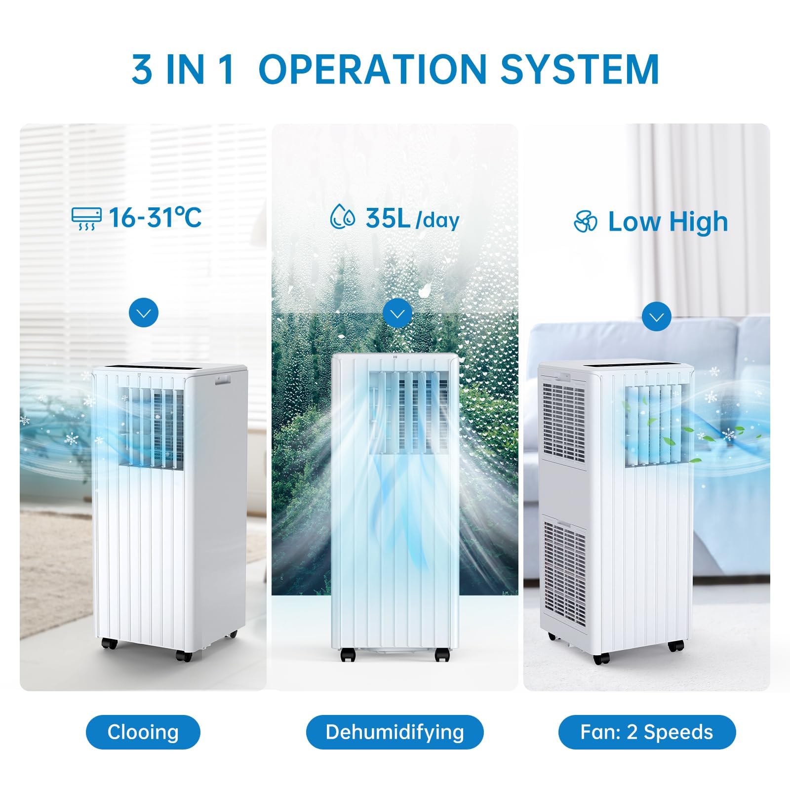 Aire Acondicionado Portátil 9000 BTU 3 En 1, Enfría, Deshumidifica 42L/Día y Ventila, 2 Velocidades, Modo Sueño, Bajo Ruido, Control Remoto, Temporizador 24H, Para Habitaciones Hasta 28 M²