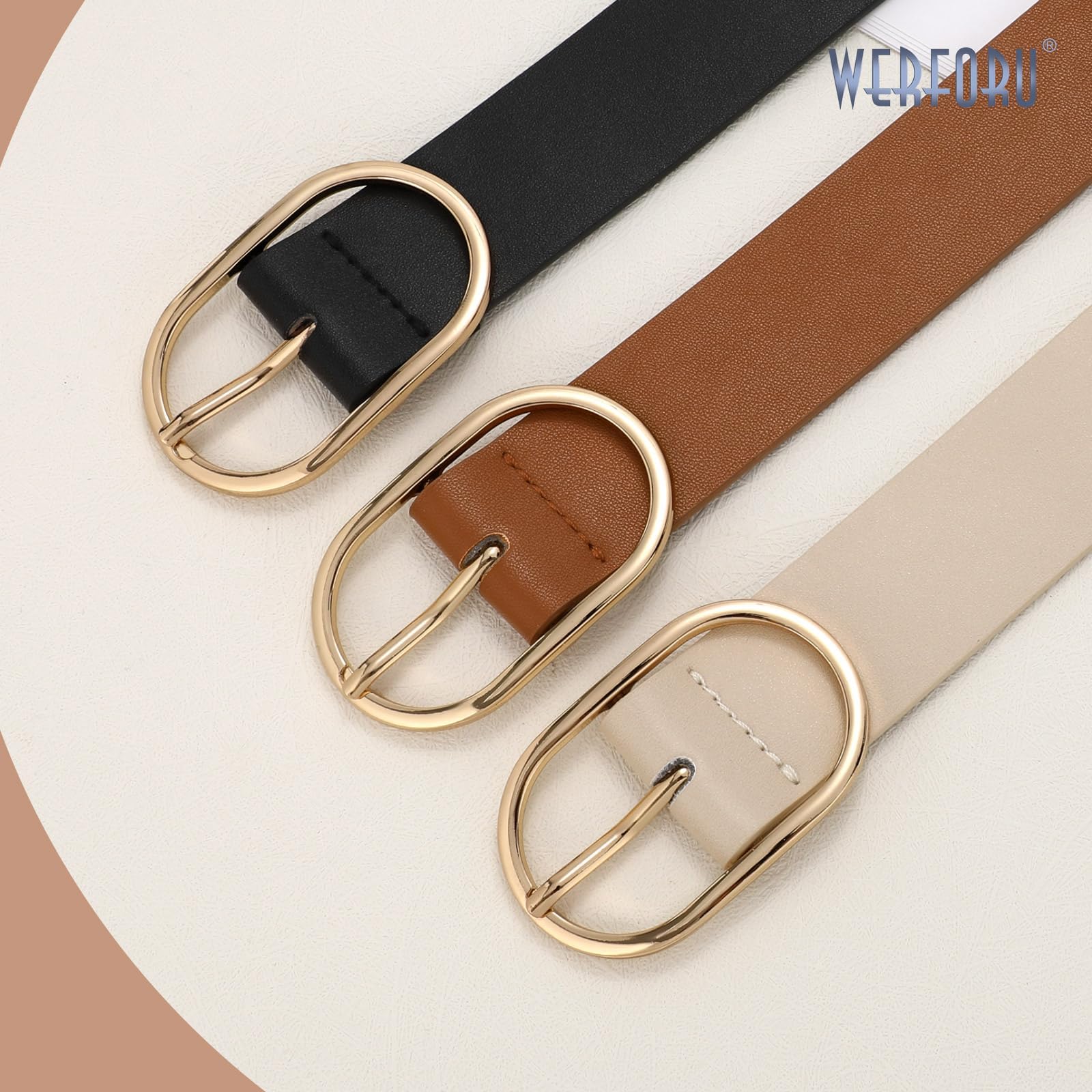 WERFORU Lot de 3 Ceintures en Cuir pour Femmes Ceinture Femme à la Mode avec Boucle Dorée pour Jeans, Pantalons et Robe,Noir/Marron/Café