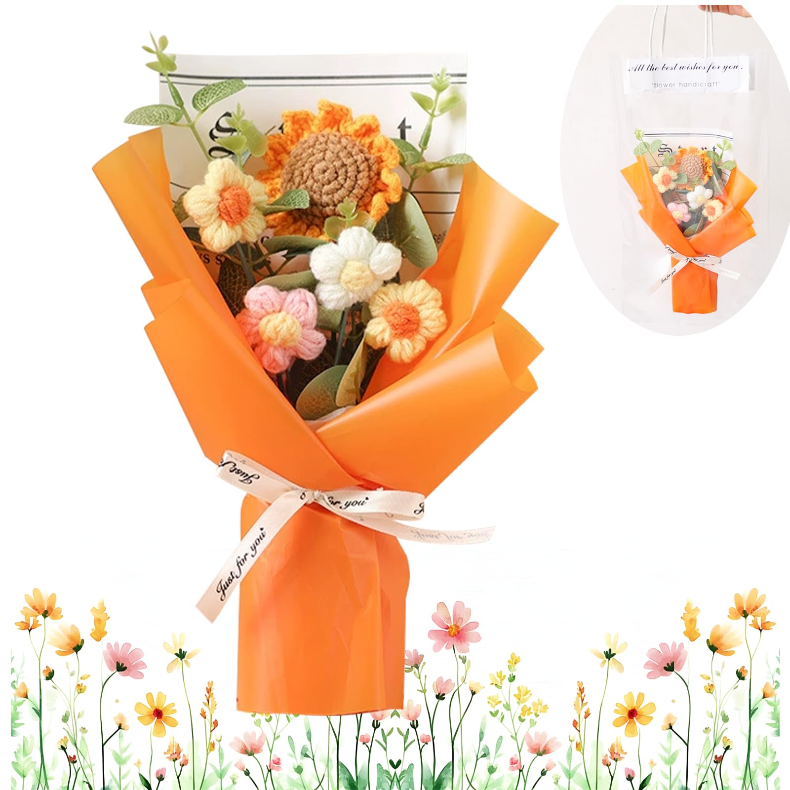 Luxury Knitted Sunflower Bouquet Orange Crochet Flowers with Bow Detail Handcrafted Gift Set for Women Mum All Occasions