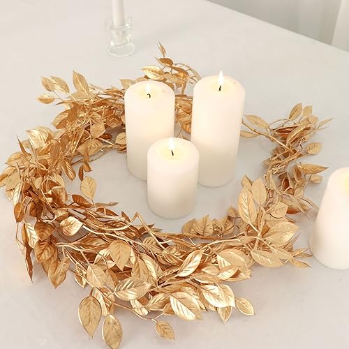 Miniatura 6 de Tableclothsfactory Guirnalda de mesa de hojas de magnolia dorada metálica de 6 pies, corona de vid colgante para manualidades