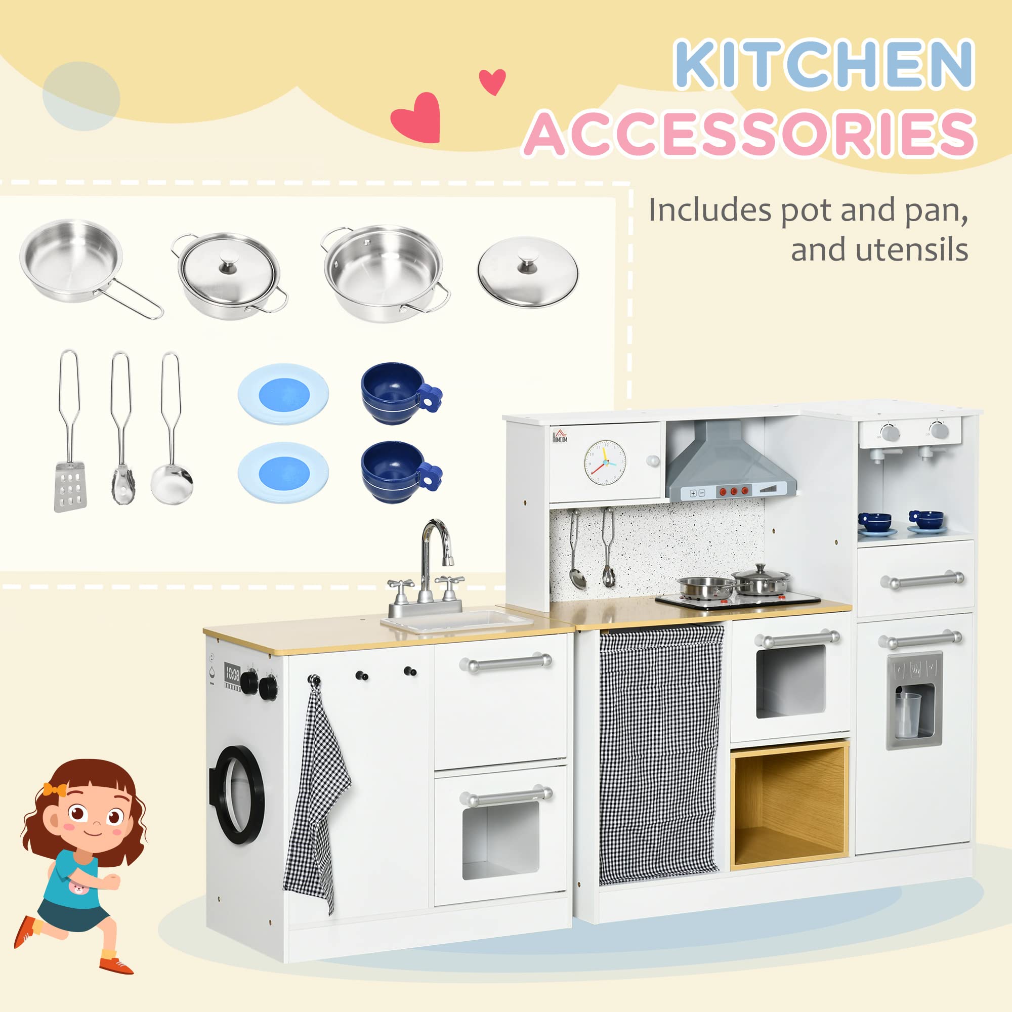 HOMCOM Cucina Giocattolo 2 Pezzi per Bambini 3-6 Anni con Utensili da Cucina, Luci ed Effetti Sonori Realistici, in MDF e PP Bianca e color Legno