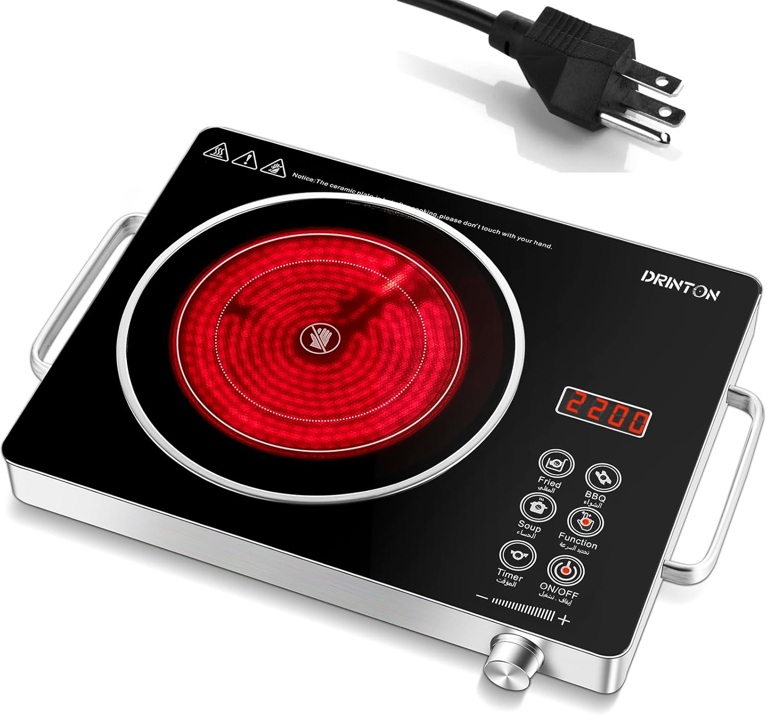 Electric Cooktop Hot Plate, 2200W 110V Electric Single Burner with 2H Timer, Adjustable Temperature for Countertop Cooking, Portable Stove Top Infrared Cooker, Compatible for All Cookwares