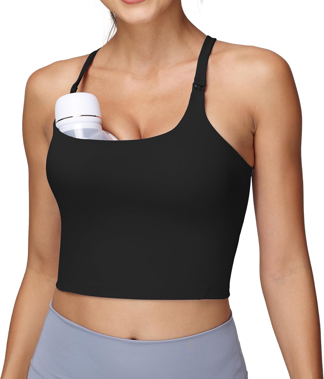 Foucome Nursing Tank Tops for Breastfeeding Y-Back Racerback Longline Maternity Sports Bra Workout Crop Top - Image 2
