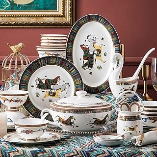 Stylish Dinner Plates,Ceramics Dinnerware Set, 48 Pieces European Style Horse Pattern Porcelain Dinner Set for Family Gathering/Luxurious Bone China Plates and Bowls,