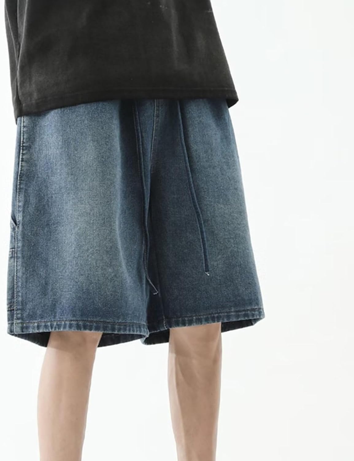Men's Summer Casual Denim Shorts Drawstring Elastic Waist Jean Shorts Vintage Loose Straight Short Jeans for Men