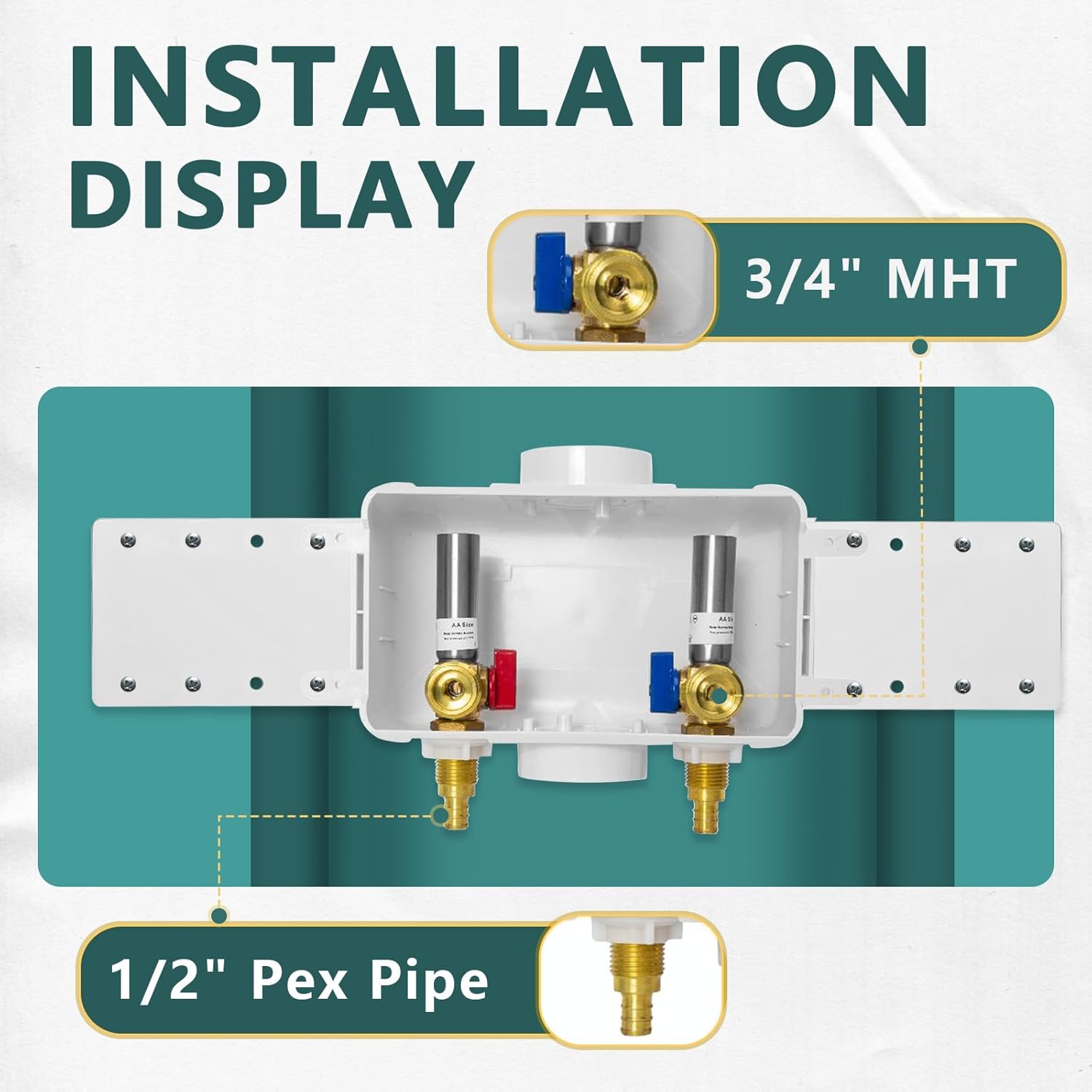 Washing Machine Outlet Box, Niikappu 1/2 Inch Pex Crimp Inlet x 3/4 Inch MHT Outlet Connection, Washer Box with Center Drain, with Stainless Steel Water Hammer Arrestor